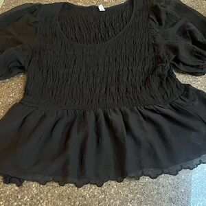 Old Navy Black Smocked Peplum top with Puff Sleeves Size XXL Embroidery Design